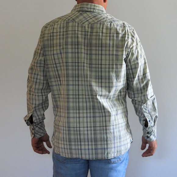 Banana Republic Mens Sz Large Western Shirt Blue Green Plaid Pearl Snap Stretch - Picture 4 of 4